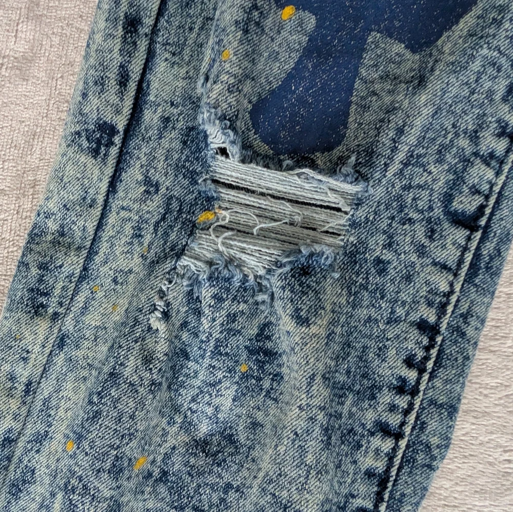 Womens Distressed Moto Skinny Jeans Streetwear Grunge Graffiti Acid Wash Sz 30 - Picture 4 of 13